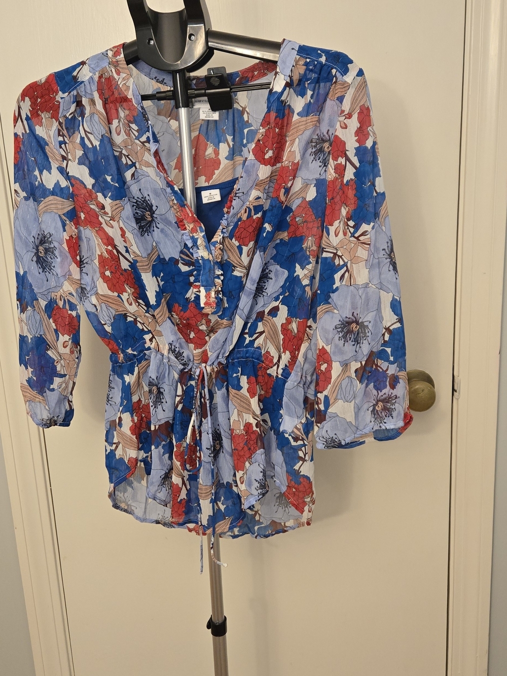 Liz Clairborne Floral Tie-Waist V-Neck Peasant Blouse - Blue/Red